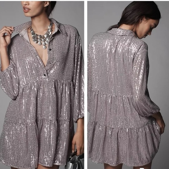 NWT! Anthro The Bettina Tiered Shirt Dress by Maeve: Mini Sequin Edition 🔎⚽️ - Picture 9 of 15